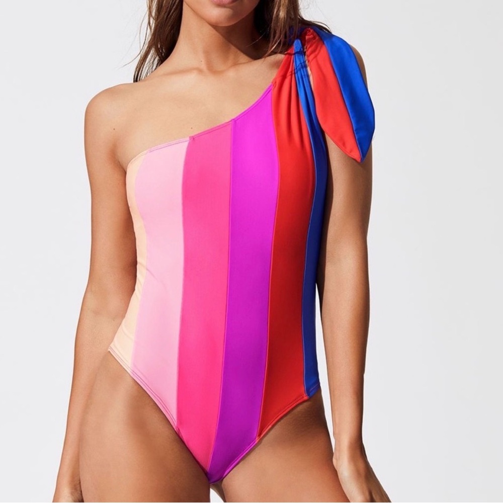 Paper London | Rainbow Stripe One Shoulder One Piece Swimsuit